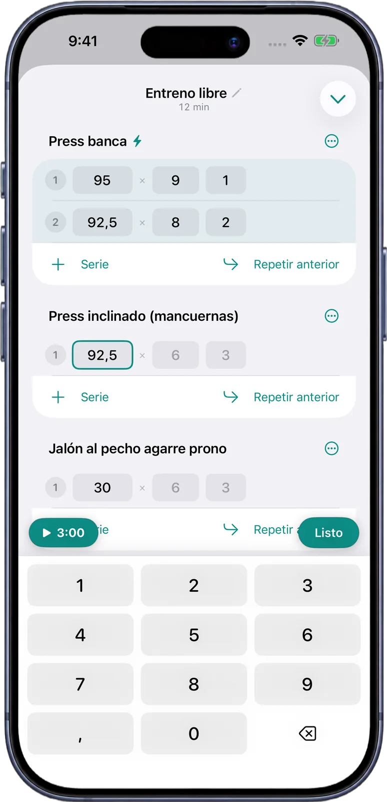 Una sesión en VolFit: press banca con dos series y el teclado numérico propio